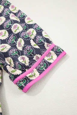 Blue Striped Trim Short Sleeve Vintage Floral Shift Dress