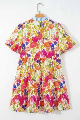 Rose Bright Floral Print Ricrac Trim Striped Patchwork V Neck Dress