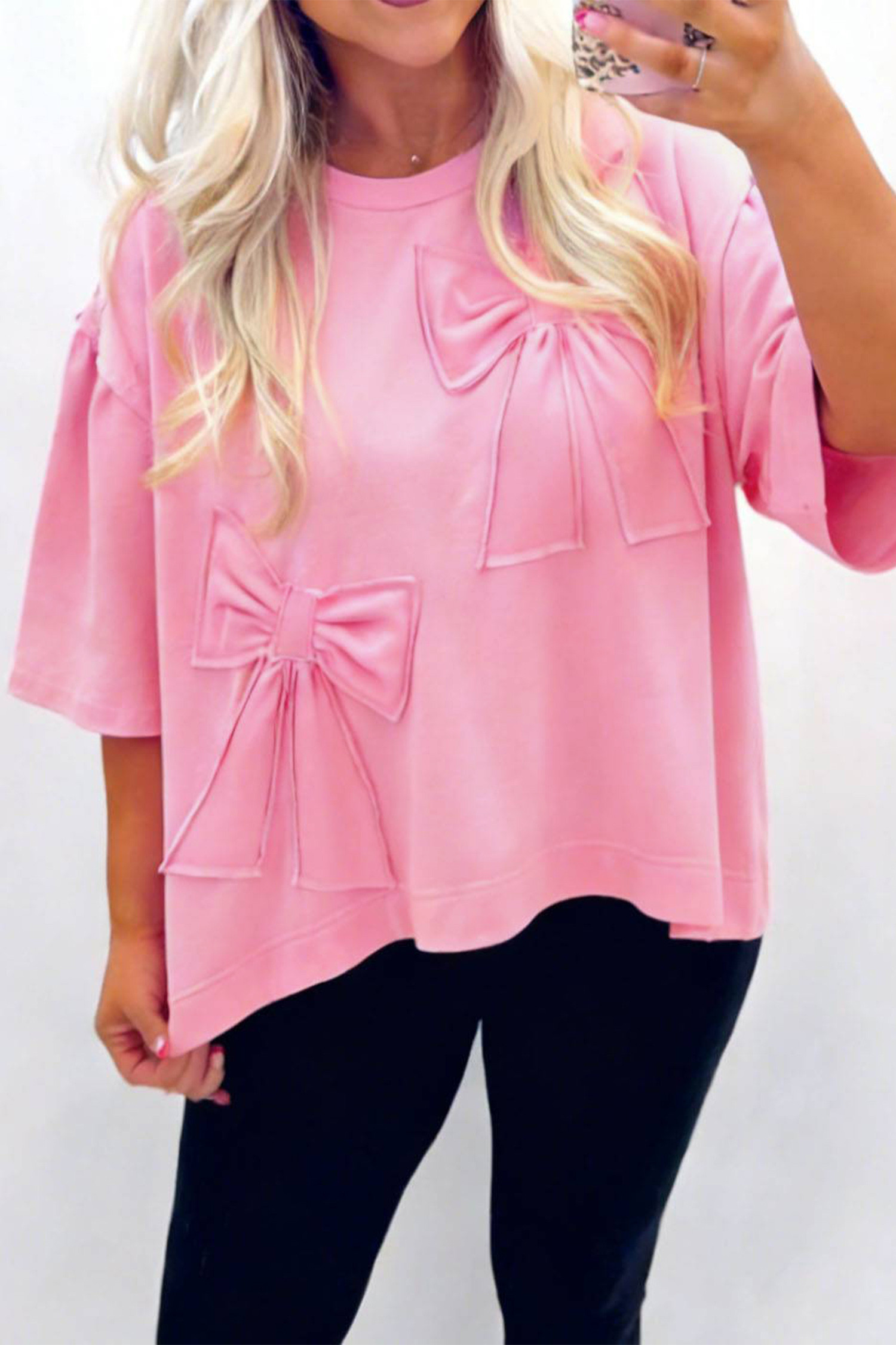 Pink Solid Color Raw Edge Bow Patch Loose T Shirt