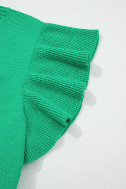 Bright Green Solid Color Ribbed Trim Round Neck Ruffle Short Sleeve Sweater