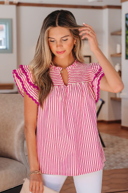 Rose Stripe Shirred Yoke Ruffled Short Sleeve Blouse