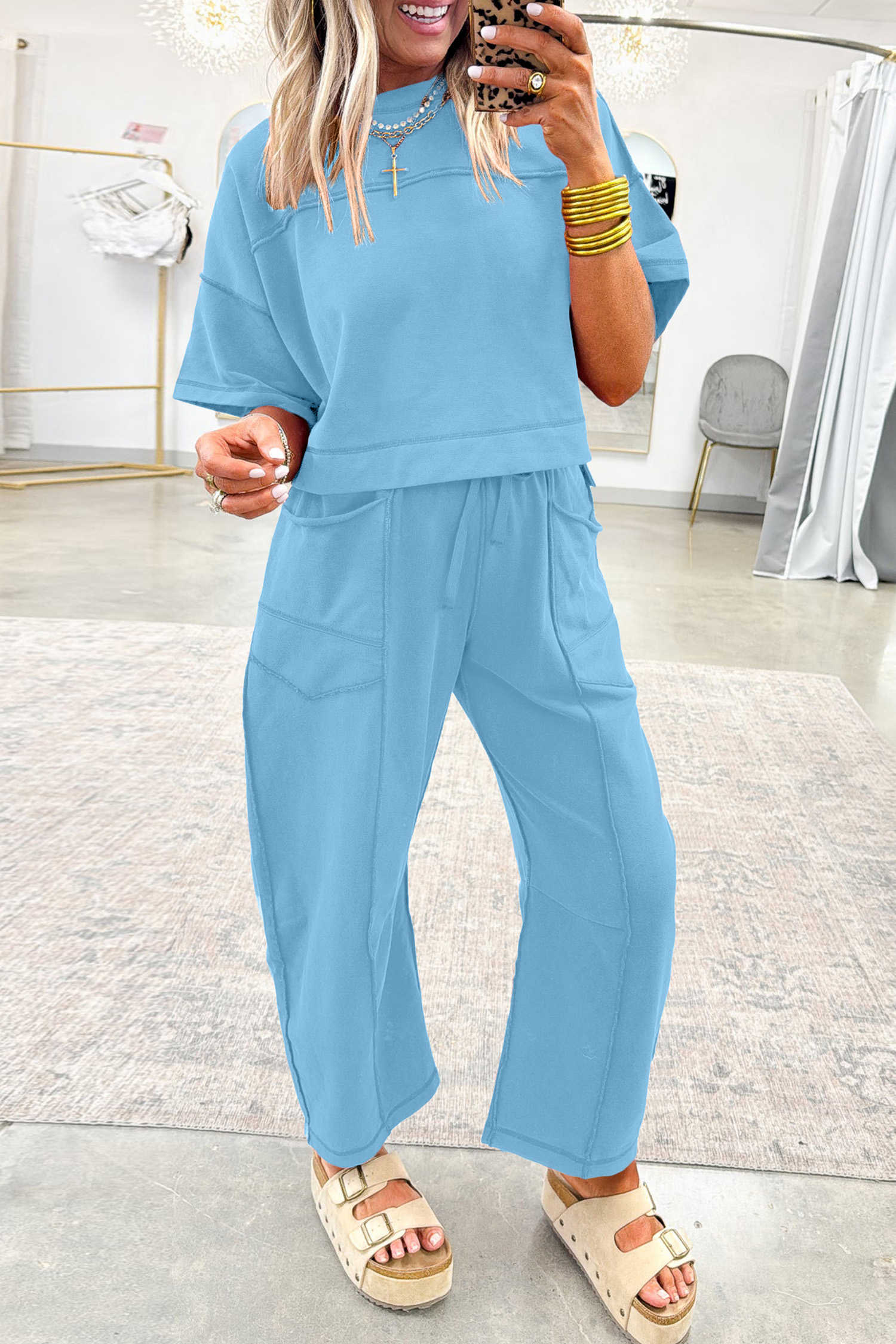 Sky Blue Drop Shoulder Boxy Tee and Barrel Pants Set