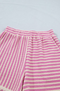 Pink Stripe Textured Contrast Trim Casual Tank and Shorts Set