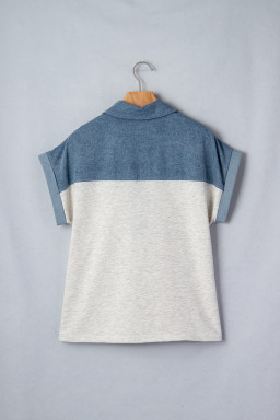Light Grey Color Block Denim Patchwork Button Polo Collar Short Sleeve Top