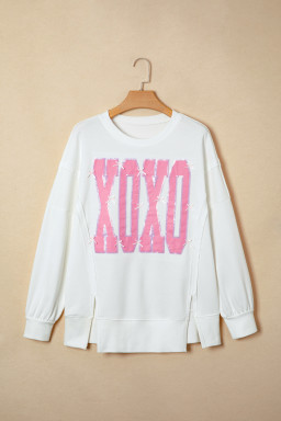 White Bow Sequin XOXO Letter Graphic Exposed Seam Baggy Sweatshirt