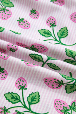 Pink Striped Strawberry Printed Color Block Patchwork V Neck Flutter Sleeve Blouse