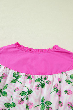 Pink Striped Strawberry Printed Color Block Patchwork V Neck Flutter Sleeve Blouse