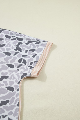 Gray Camouflage Print Twisted Ribbed Patchwork Casual T Shirt