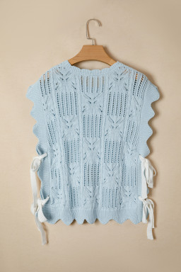 Beau Blue Pointelle Knit Patterned Scalloped Trim Short Sleeve Sweater