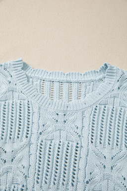 Beau Blue Pointelle Knit Patterned Scalloped Trim Short Sleeve Sweater