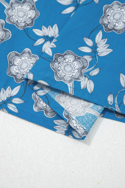 Blue Retro Floral Print Striped Trim Button Neck Short Sleeve Blouse