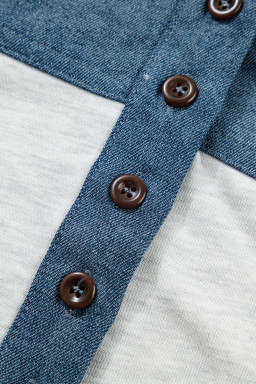 Light Grey Color Block Denim Patchwork Button Polo Collar Short Sleeve Top