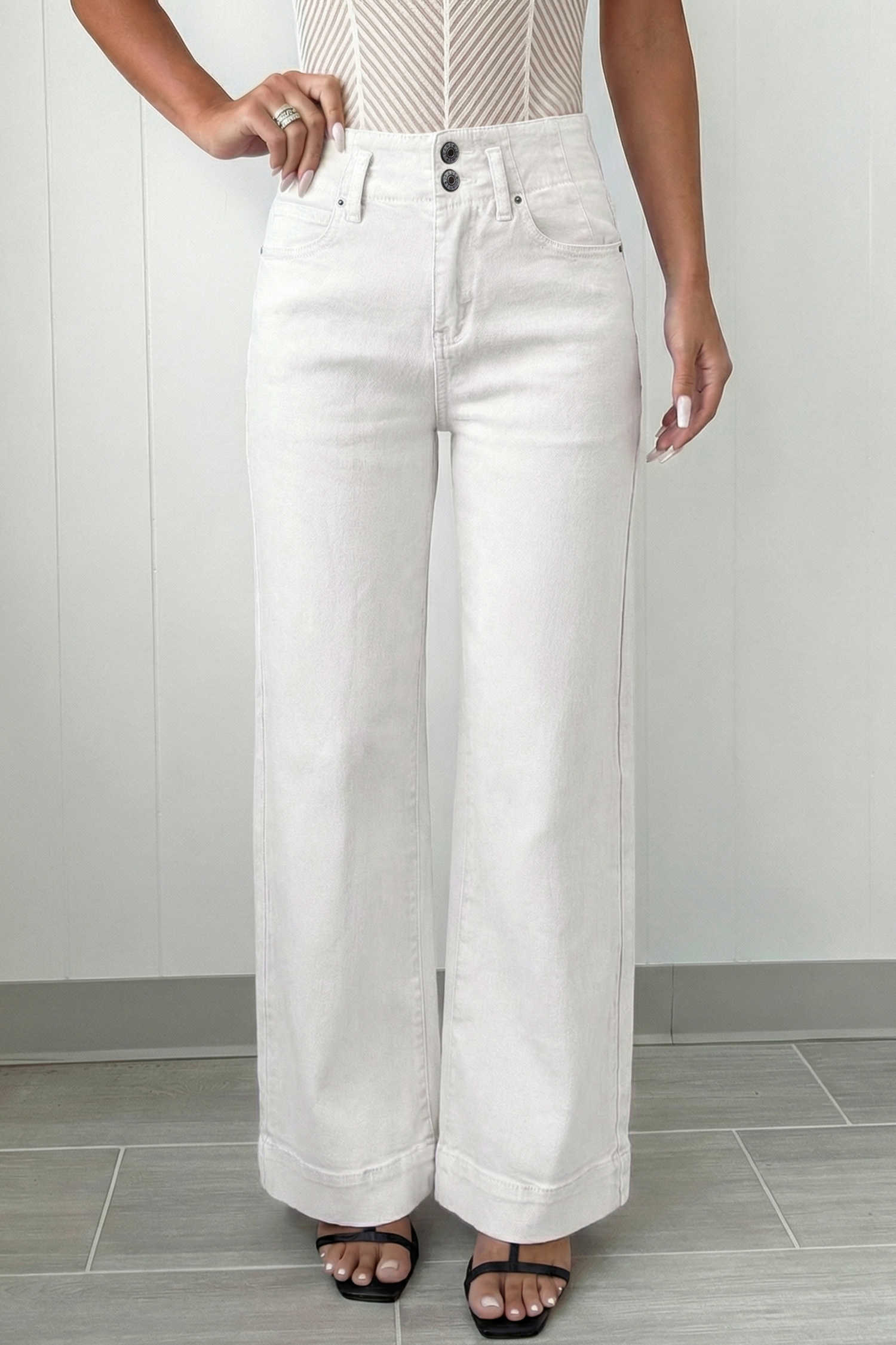 White 2-Button High Waist Wide Leg Jeans