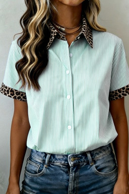 Green Stripe Leopard Contrast Collar Short Sleeve Shirt