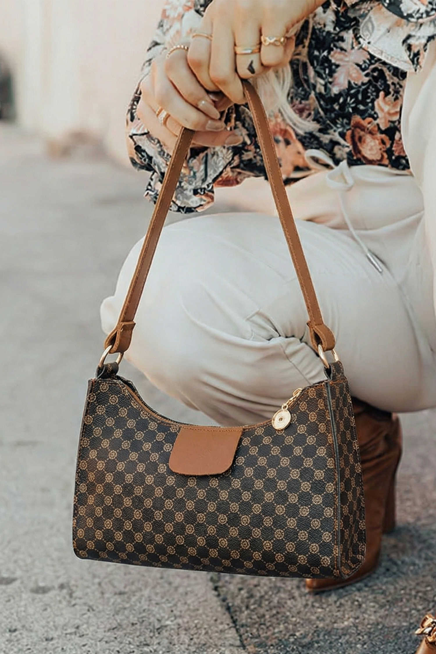 Coffee Luxury Inspired Print PU Leather Shoulder Bag