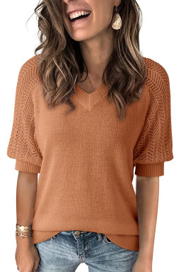 Gold Flame Solid Color Knit Contrast Hollowed Short Sleeve V Neck Sweater