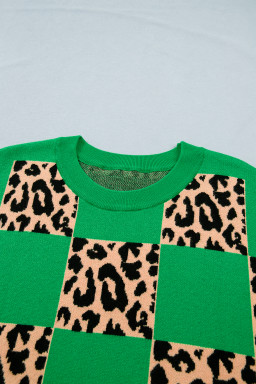 Green Plus Size Leopard Contrasted Checkered Short Sleeve Sweater