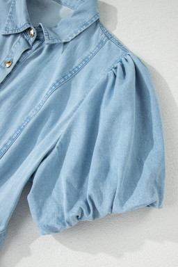 Beau Blue Full Buttons Collared Short Bubble Sleeve Long Denim Dress