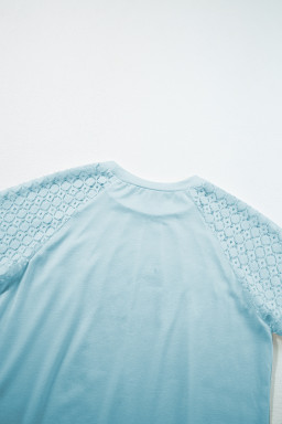 Mist Blue Seamed Detail Contrast Lace Raglan Sleeve Tee