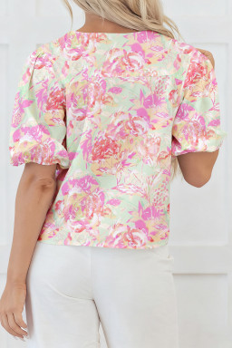 Pink Ribbon Knot Front Floral Short Puff Sleeve Blouse