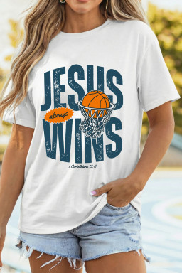 White JESUS WINS Retro Basketball Printed Tee