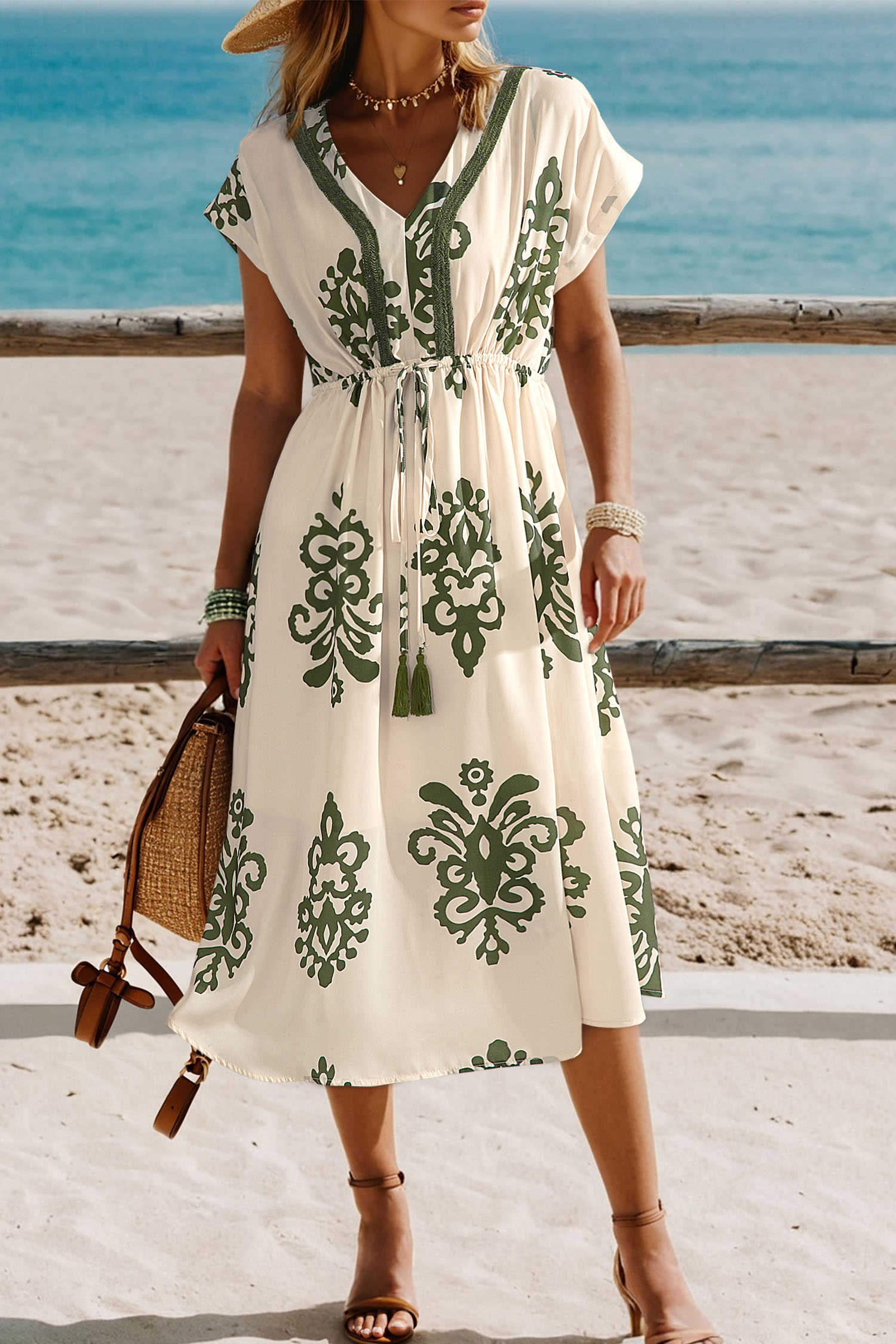 Apricot Abstract Print Embroidered Trim V Neck Drawstring High Waist Loose Vacation Dress