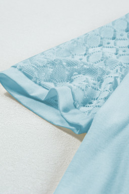 Mist Blue Seamed Detail Contrast Lace Raglan Sleeve Tee