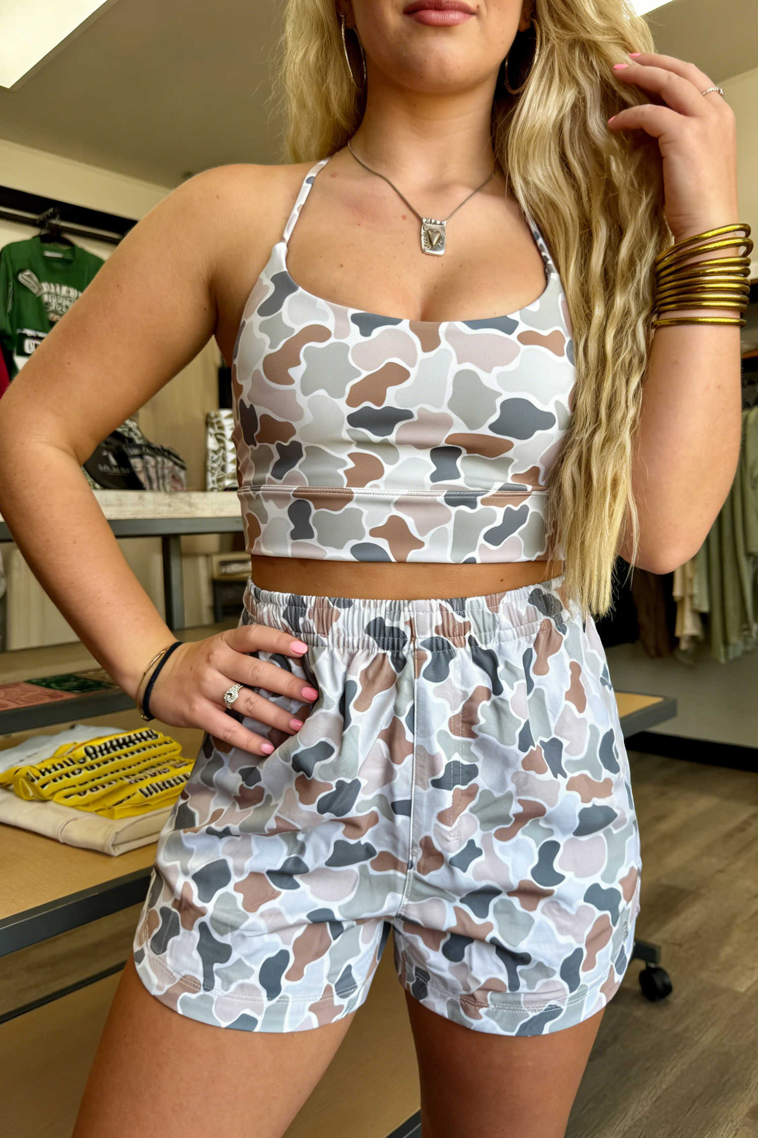 Multicolour Camouflage Printed Cropped Tank Athleisure 2pcs Short Set