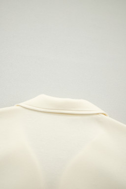 Beige Zipped up Collared Ruffled Short Sleeve Blouse