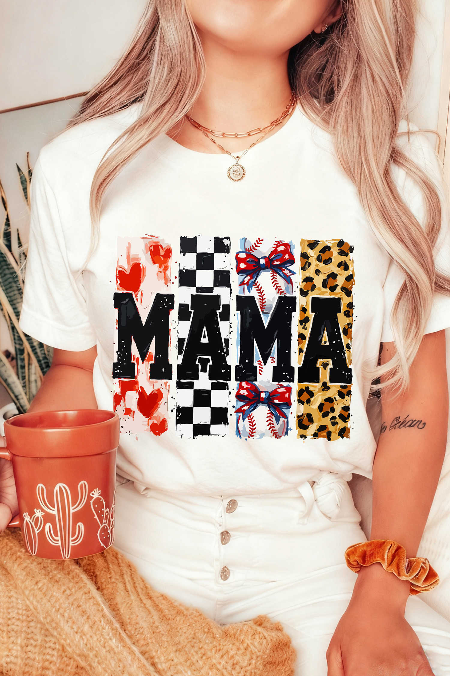 White MAMA Baseball Leopard Checkered Multi Printed Tee