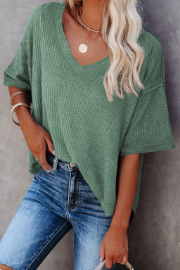 Green Exposed Seam Half Sleeve Knitted V Neck Textured Top