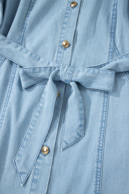 Beau Blue Full Buttons Collared Short Bubble Sleeve Long Denim Dress