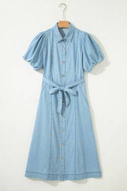 Beau Blue Full Buttons Collared Short Bubble Sleeve Long Denim Dress
