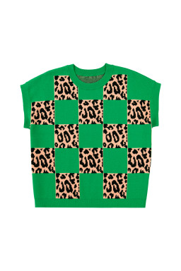 Green Plus Size Leopard Contrasted Checkered Short Sleeve Sweater