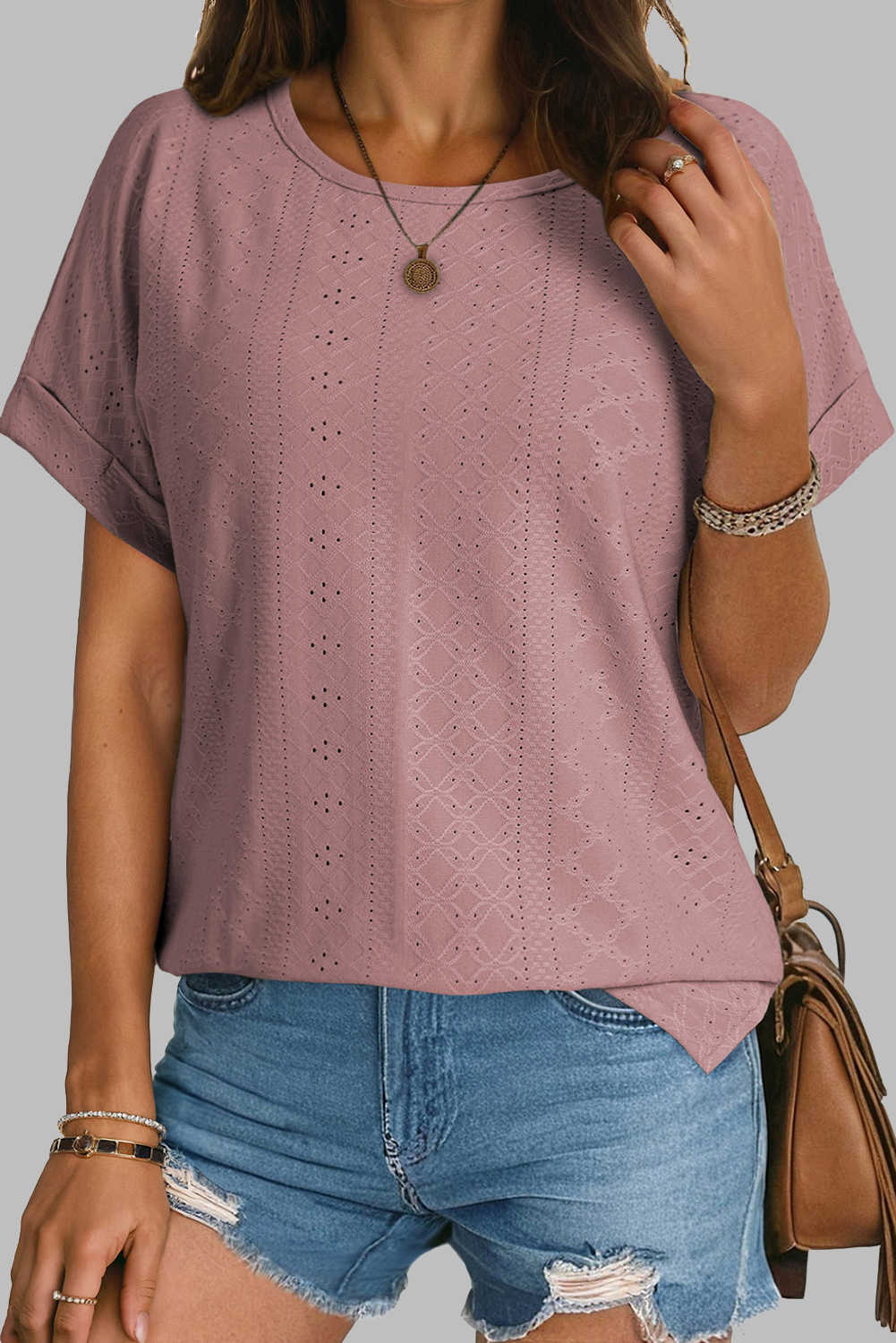 Rose Tan Solid Color Eyelet Jacquard Cuffed Short Sleeve Top