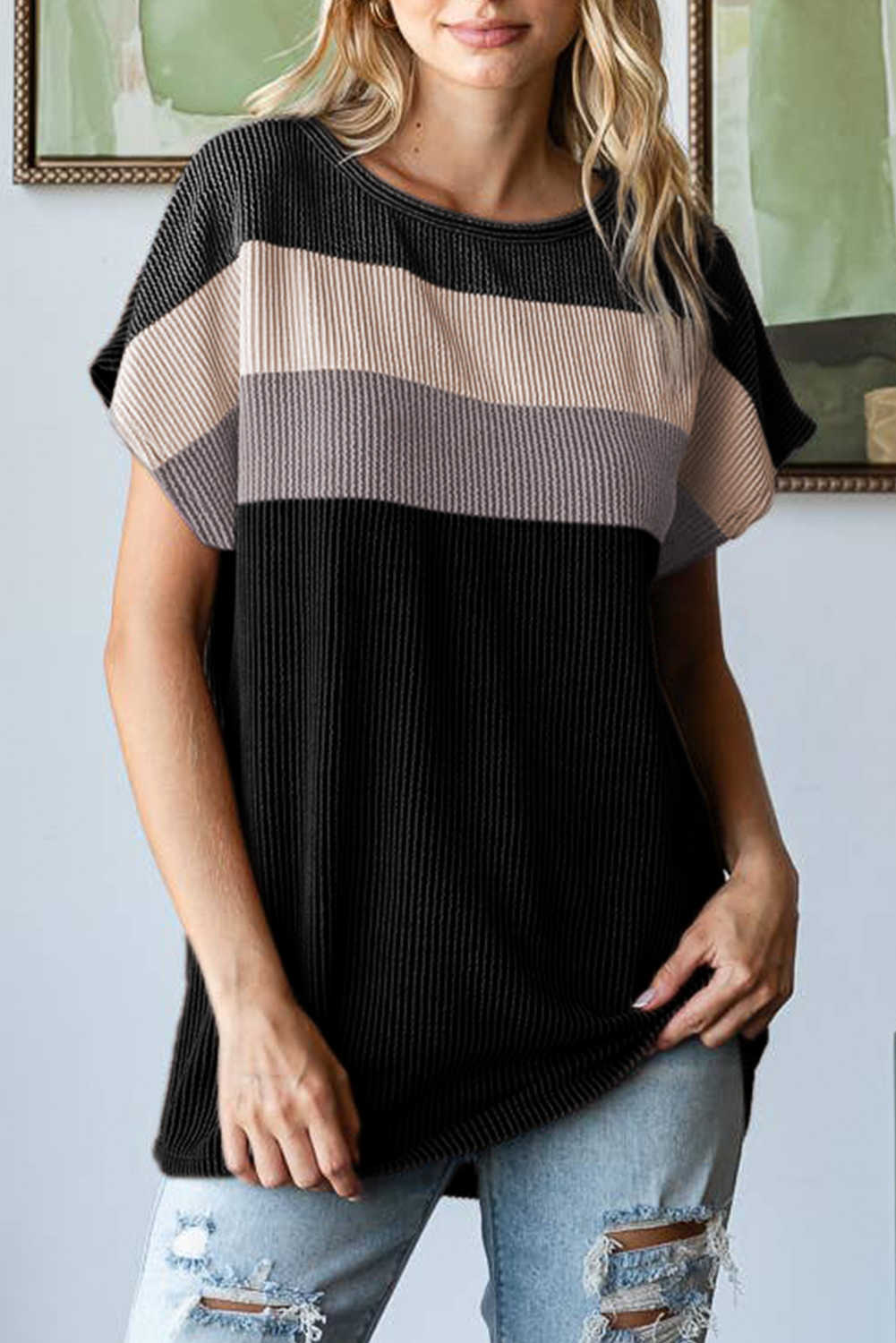 Black Color Block Detail Twisted Rib Loose Tee