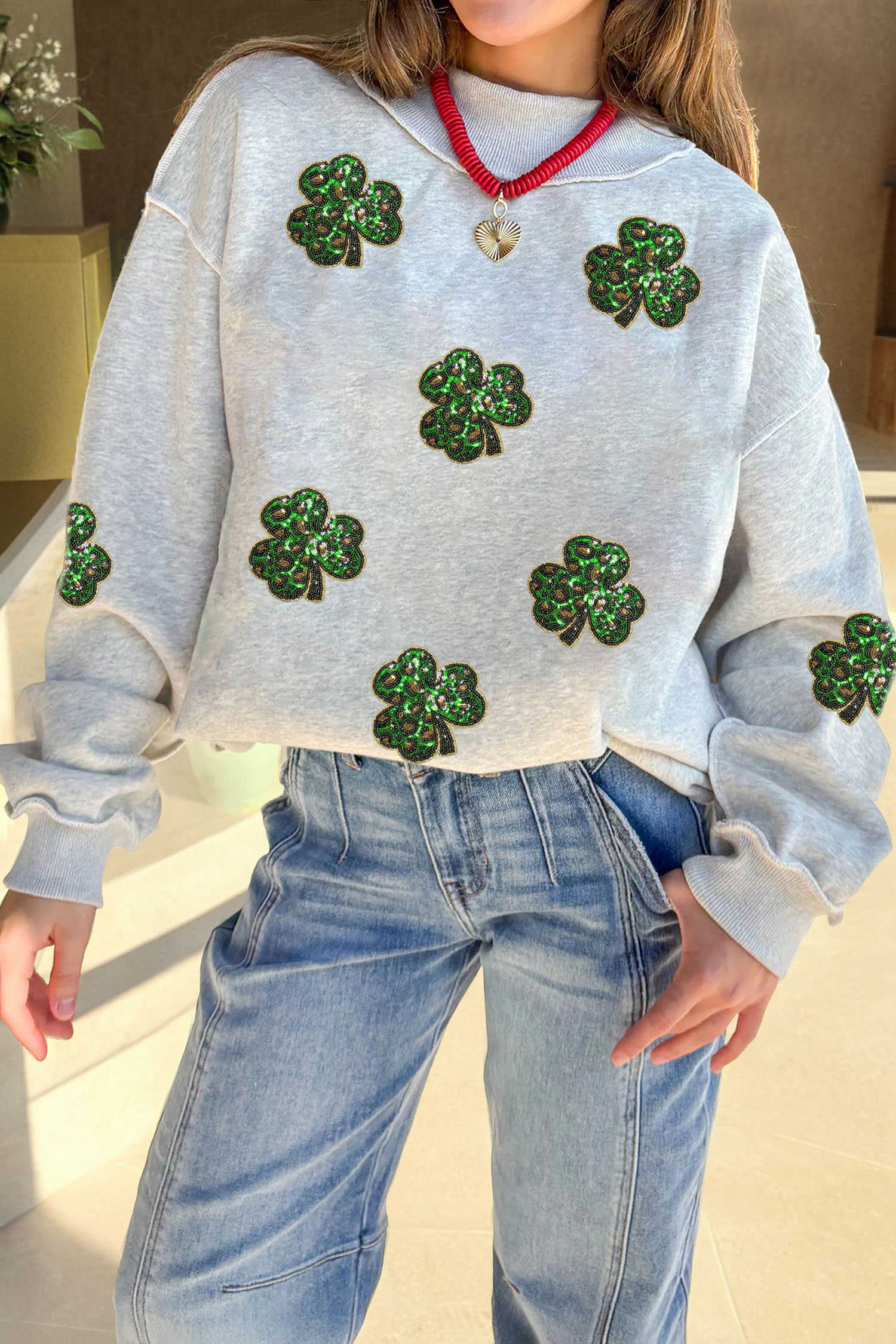 Light Grey Sequin Leopard Clover Exposed Seam Mock Neck Sweatshirt