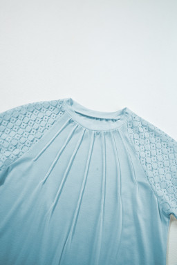 Mist Blue Seamed Detail Contrast Lace Raglan Sleeve Tee
