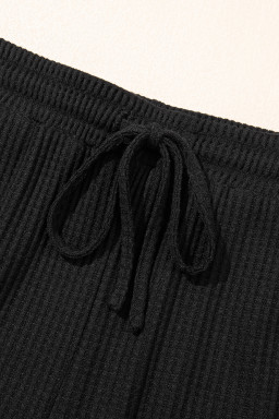 Black Solid Color Waffled V Neck Loose Tee Drawstring Shorts Set