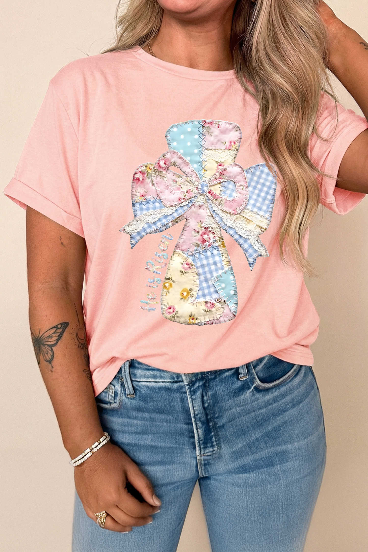 Pink He is Risen Patchwork Bow Cross Printed T Shirt