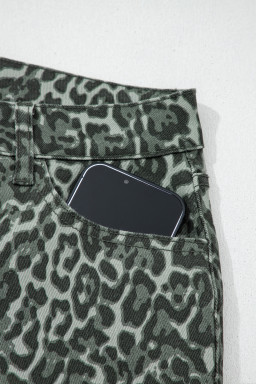 Gray Leopard Frayed Edge Wide Leg High Waist Jeans