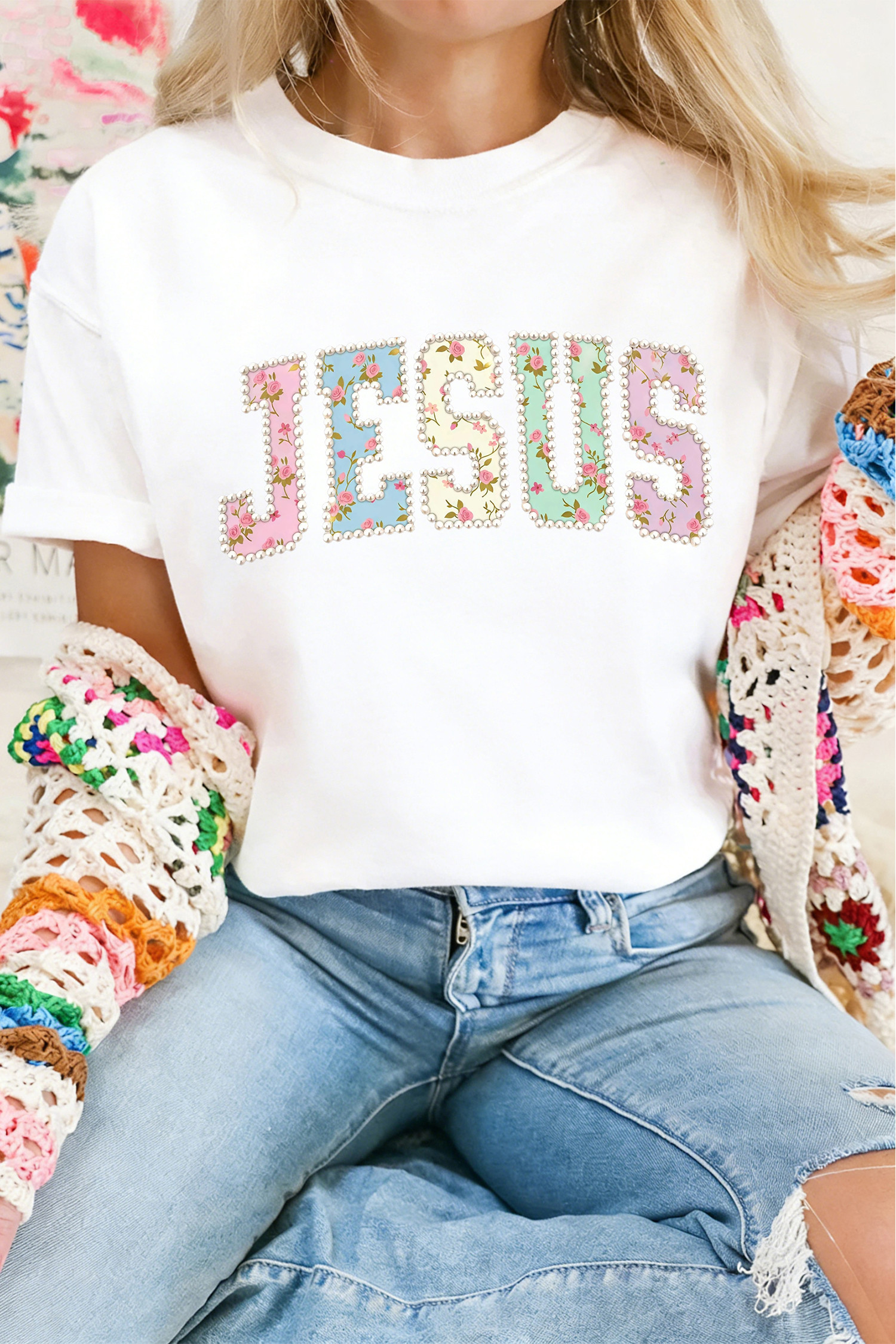White JESUS Floral Pearl Printed Letter Graphic Tee