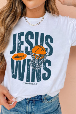 White JESUS WINS Retro Basketball Printed Tee