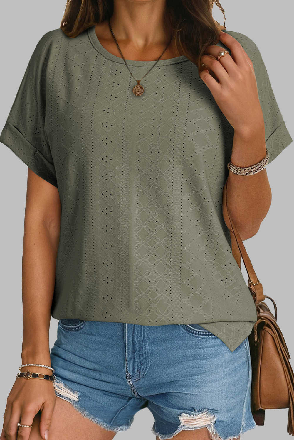 Four Leaf Clover Solid Color Eyelet Jacquard Cuffed Short Sleeve Top