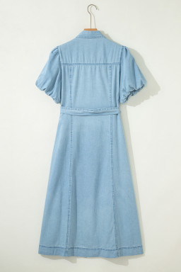Beau Blue Full Buttons Collared Short Bubble Sleeve Long Denim Dress