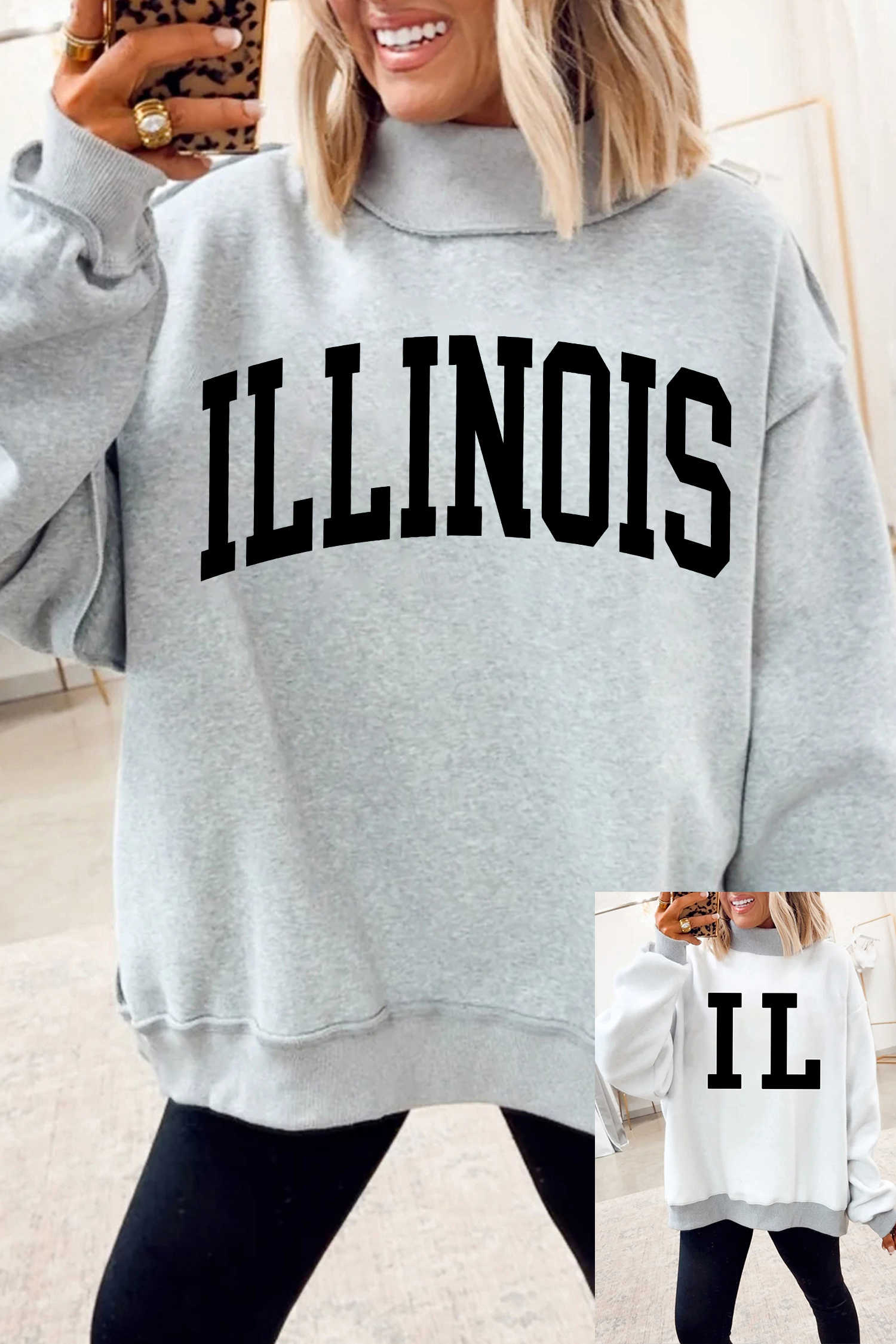 Light Grey ILLINOIS/ IL Double Side Printed Mock Neck Reversible Sweatshirt