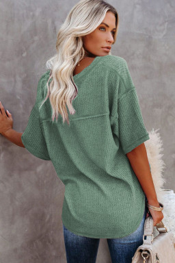 Green Exposed Seam Half Sleeve Knitted V Neck Textured Top