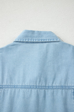 Beau Blue Full Buttons Collared Short Bubble Sleeve Long Denim Dress
