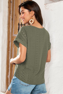 Four Leaf Clover Solid Color Eyelet Jacquard Cuffed Short Sleeve Top