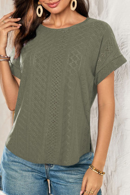 Four Leaf Clover Solid Color Eyelet Jacquard Cuffed Short Sleeve Top